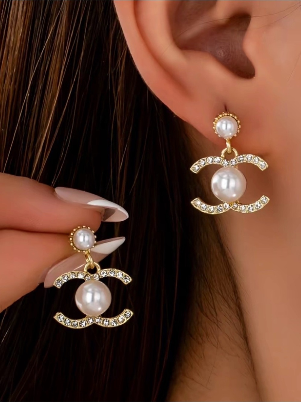 Gold Pearl & Crystal Double-C Logo Drop Earrings~White Pearls~Fashion Inspired